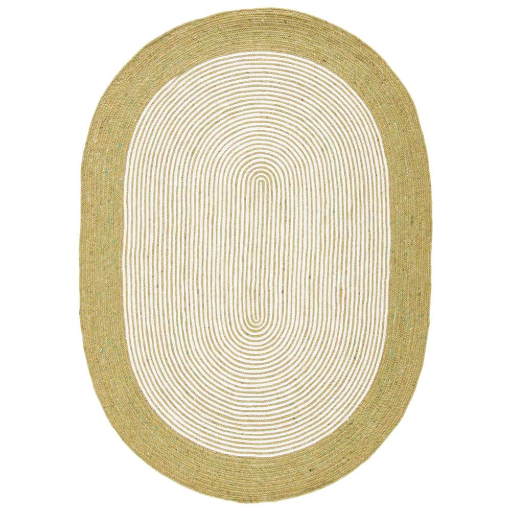 Handmade Green and Ivory Wool Oval Braided Area Rug 6' x 9'