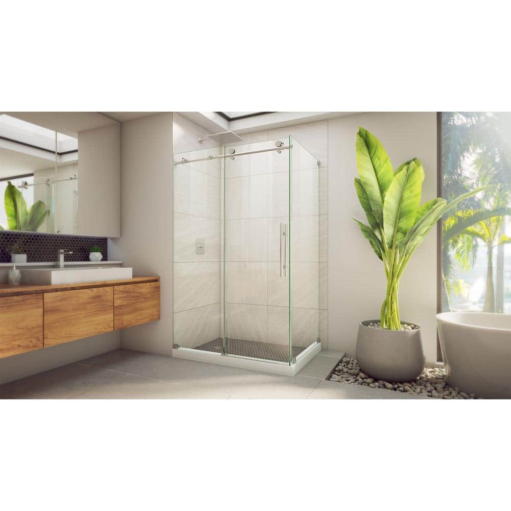 Clear Glass Frameless Sliding Shower Enclosure with Stainless Steel Hardware