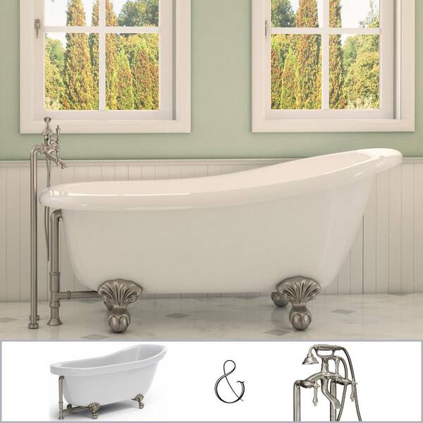 PELHAM & WHITE Glendale 67 in. Acrylic Slipper Clawfoot Bathtub in White, Ball-and-Claw Feet, Floor-Mount Faucet in Brushed Nickel