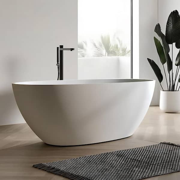 65 in. x 29.5 in. Freestanding Solid Surface Bathtub Resin Flatbottom Soaking Bathtub in Matte White