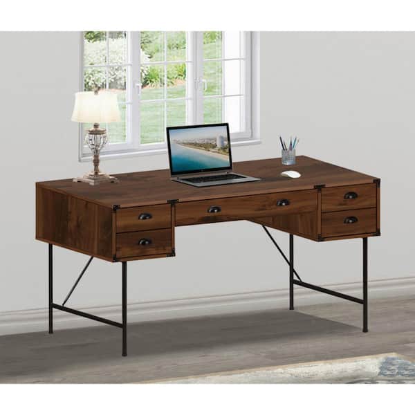 Unbranded Versatile Walnut Series 59.1 in. x  29.6 in. square natural wood color Walnut 5 drawer Desk with modern metal frame
