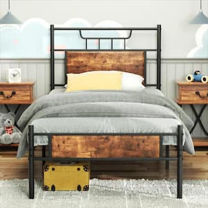 Twin Size Metal Platform Bed with Wood Headboard and Footboard Non-Slip without Noise Under Bed Storage Brown 39.4 in. W