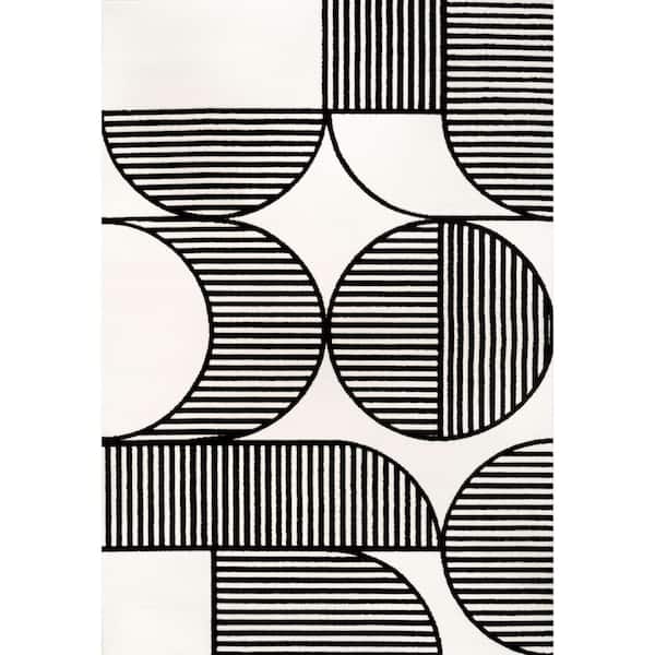 Nordby High-Low Geometric Arch Scandi Striped Black/White 8 ft. x 10 ft. Area Rug