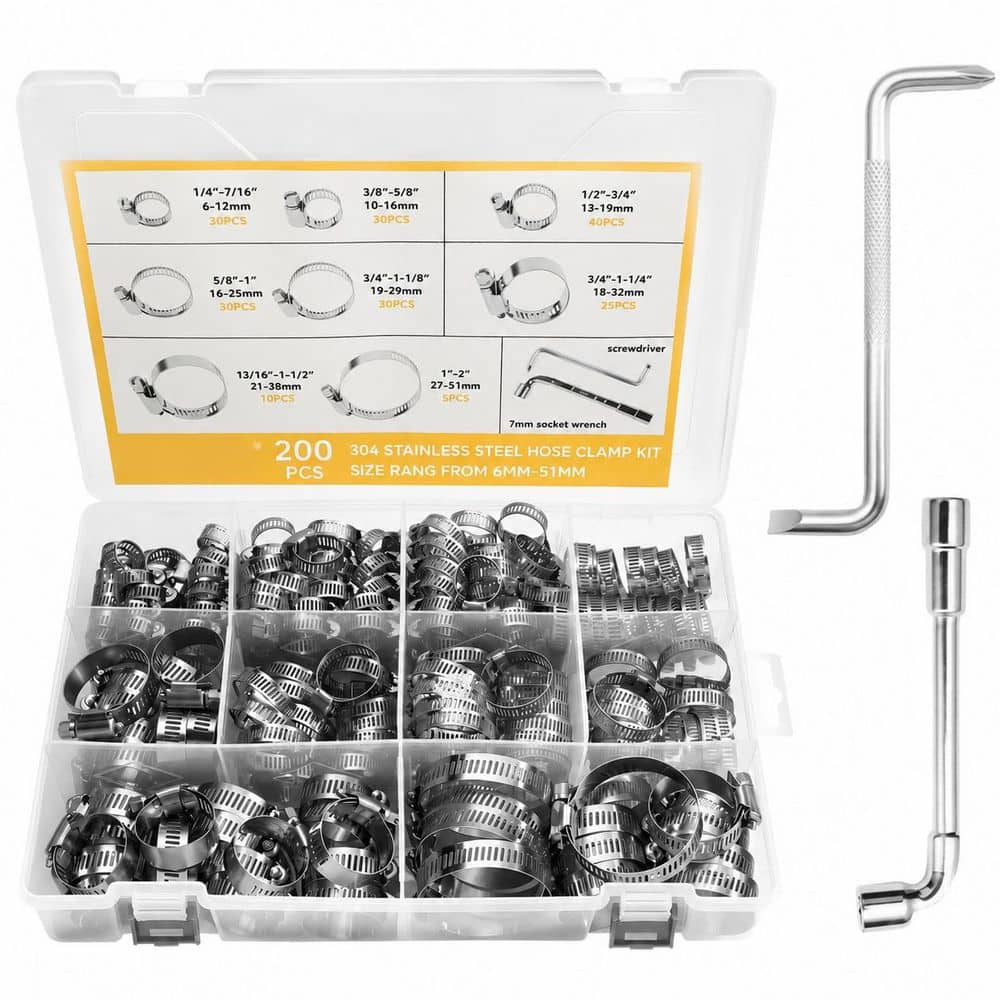 202-Piece 304 Stainless Steel Worm Gear Hose Clamp Assortment Set with Wrench and Screwdriver, 8 Sizes from 1/4" to 2"
