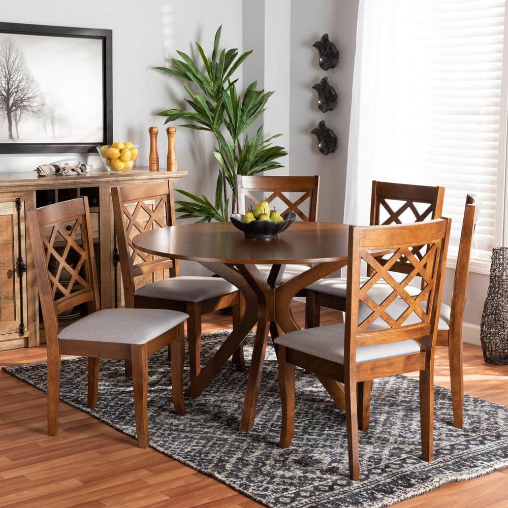 Jana 7-Piece Walnut Brown and Gray Fabric Dining Set