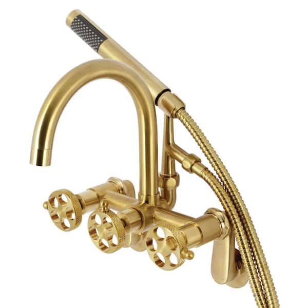 Kingston Brass Webb 3-Handle Wall-Mount Clawfoot Tub Faucet with Hand Shower in Brushed Brass