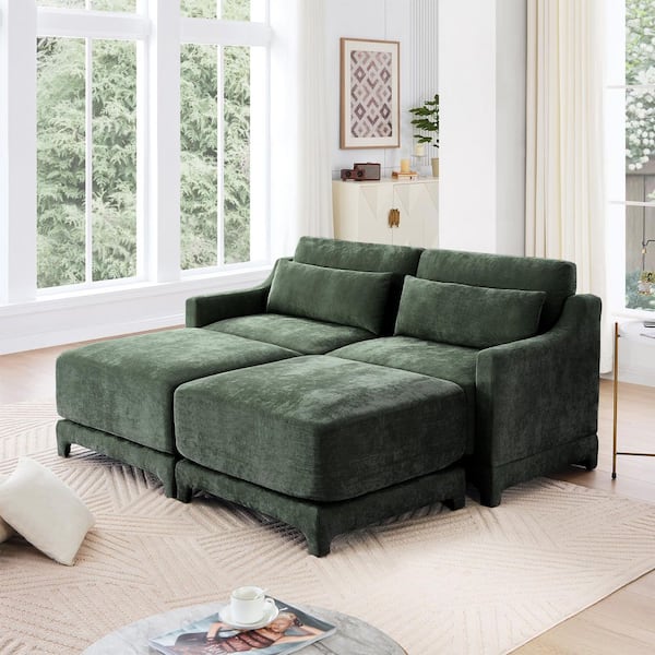 LSHWGM 61 in. Straight Arm 4-Piece Chenille Modular Sectional Sofa w/Comfort and 2-Seater and 2 Ottomans in Forest Green