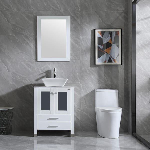 Wonline Wonline 24.5 in. W x 21.7 in. D x 61 in. H Single Sink Bath Vanity in White with Glass Top and Mirror