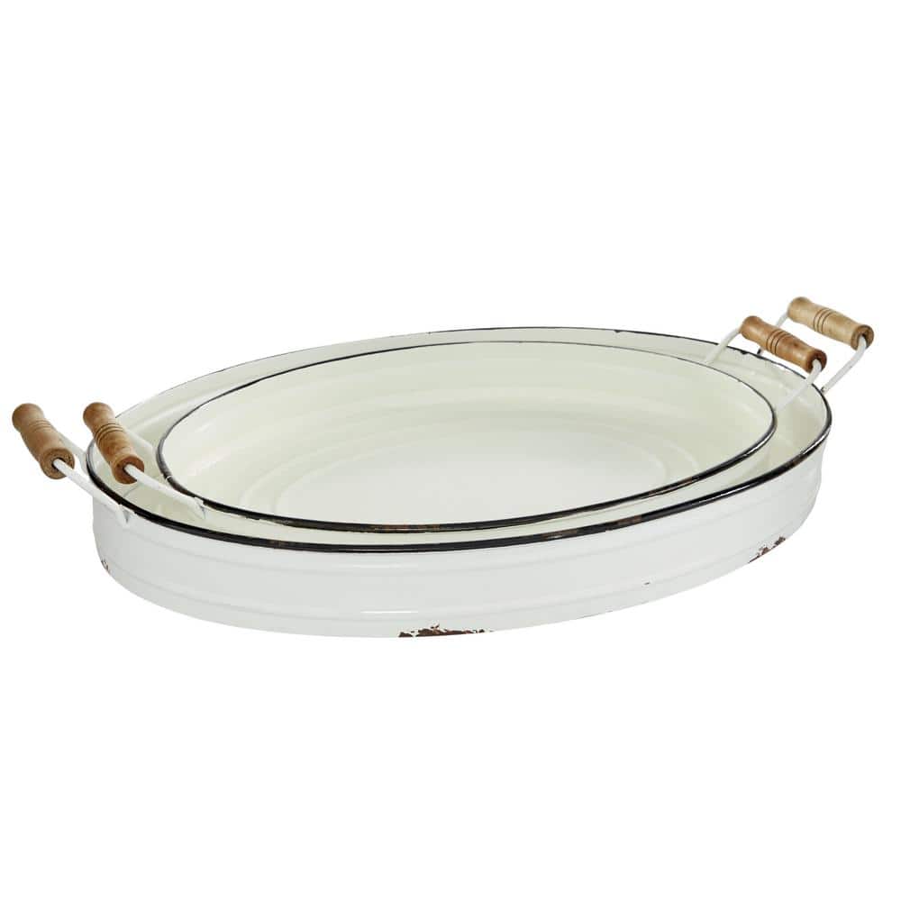 Farmhouse White Metal Tray Set with Wooden Handles, 2-Piece