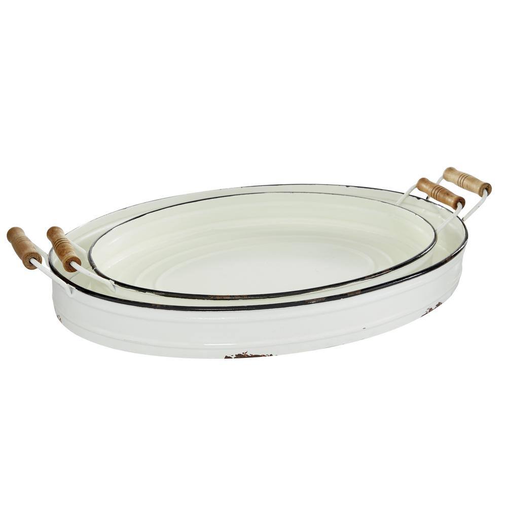 Farmhouse White Metal Tray Set with Wooden Handles, 2-Piece