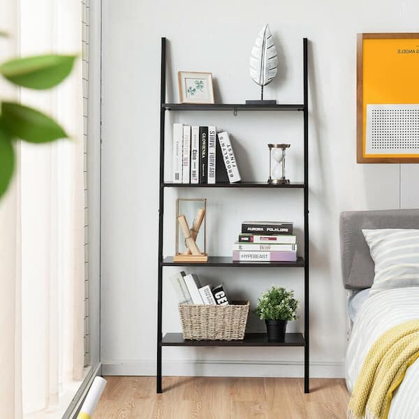 Gymax Industrial Ladder Shelf 4-Tier Black Wood Leaning Wall