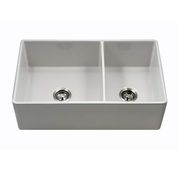 Houzer Platus 33 in. White Fireclay Apron Front Farmhouse 60/40 Double Bowl Kitchen Sink - PTD-6040 WH