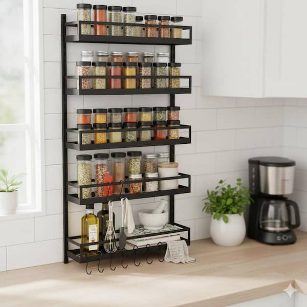 JFVKAF 5 Tier H8 Adjustable Wall Mount Spice Rack Organizer Black
