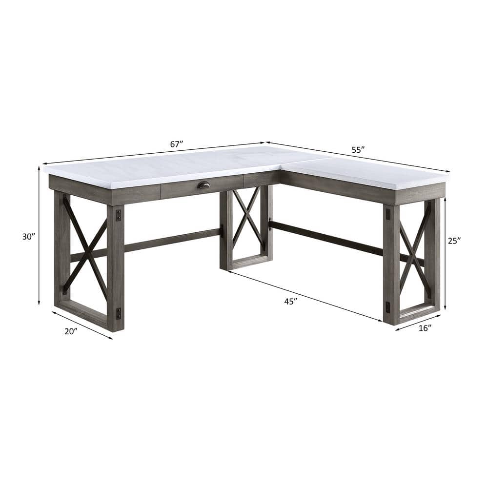 67" Weathered Gray Marble Top Corner Writing Desk with Drawer