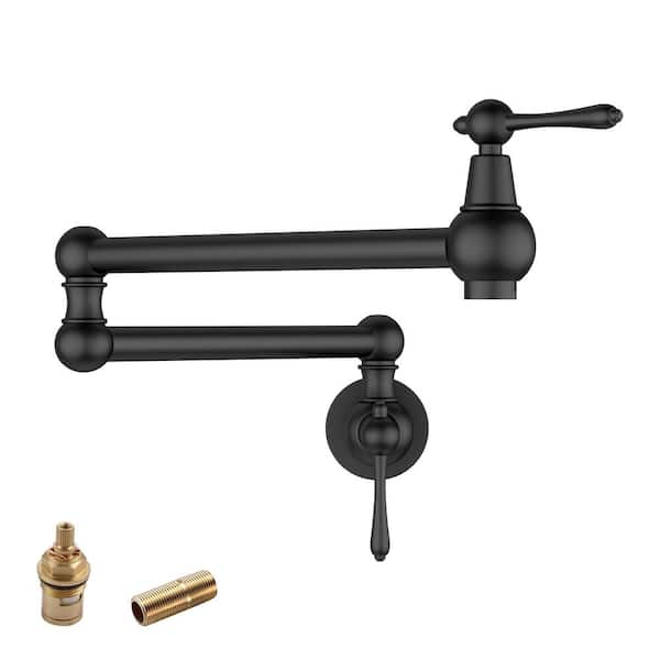 LORDEAR Wall Mount Pot Filler Faucet with 2-Handle Kitchen Sink Faucet in Matte Black