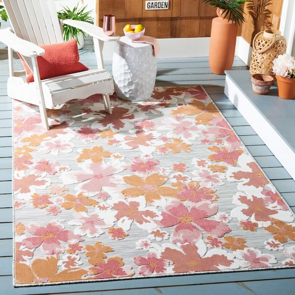 Cabana Gray/Rose 6 ft. x 6 ft. High-Low Abstract Floral Indoor/Outdoor Square Area Rug