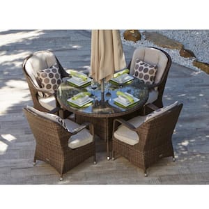ELLE Brown 5-Piece Wicker Round Outdoor Dining Set with Beige Cushions