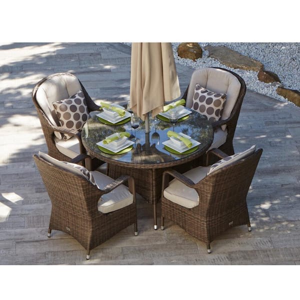DIRECT WICKER Bavaro 5-Piece Wicker Round Outdoor Dining Set with Beige Cushions