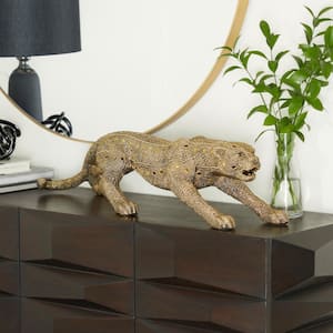 Gold Polystone Carved Encrusted Beading Leopard Sculpture with Diamond Shaped Mirrored Accent