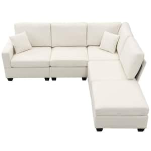 89.8 in. L-Shaped Linen Sectional Sofa in. Beige with Convertible Ottoman & 2 Pillows