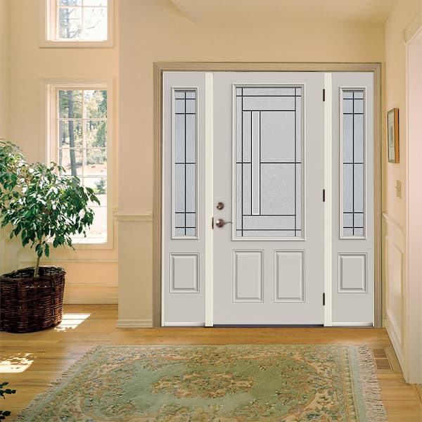 36 in. x 80 in. Left Hand/Inswing 3/4 Lite Atherton Decorative Glass Primed Steel Prehung Front Door with Sidelites