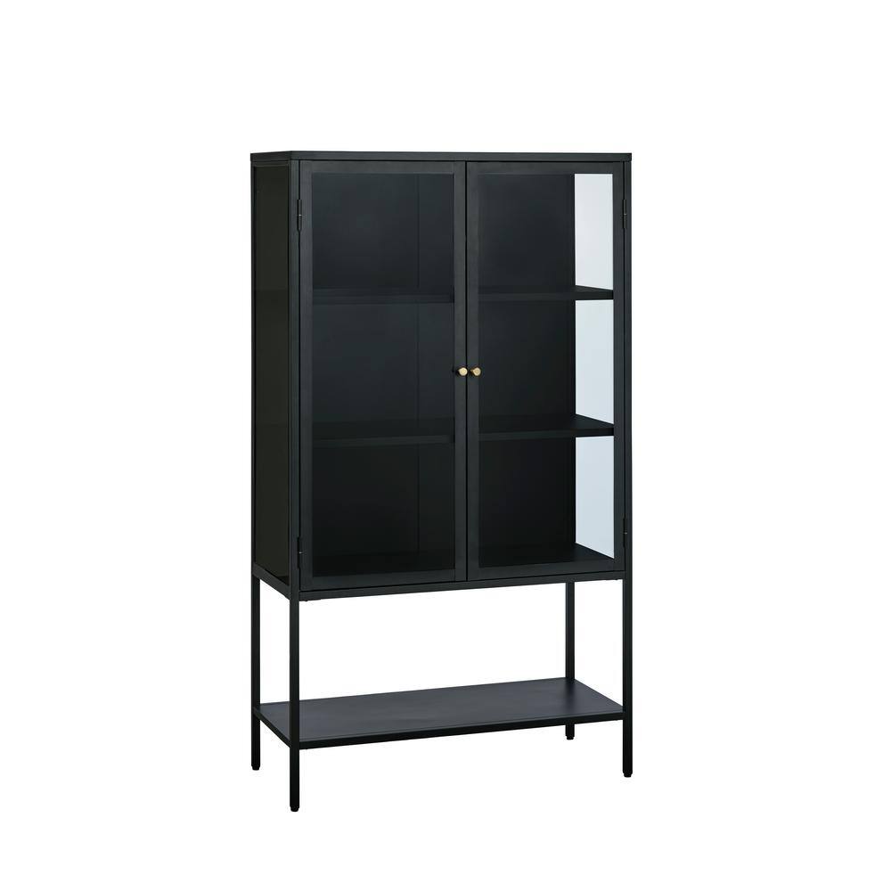 63-Inch Black Metal and Glass China Cabinet with Shelves