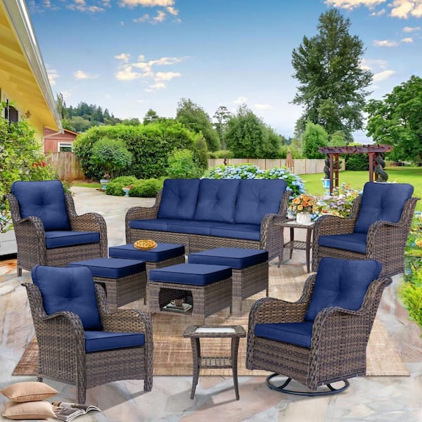 Brown 11-Piece Wicker Patio Furniture Set Sofa Seating Swivel Rockers Ottomans Side Table with Navy Blue Cushions