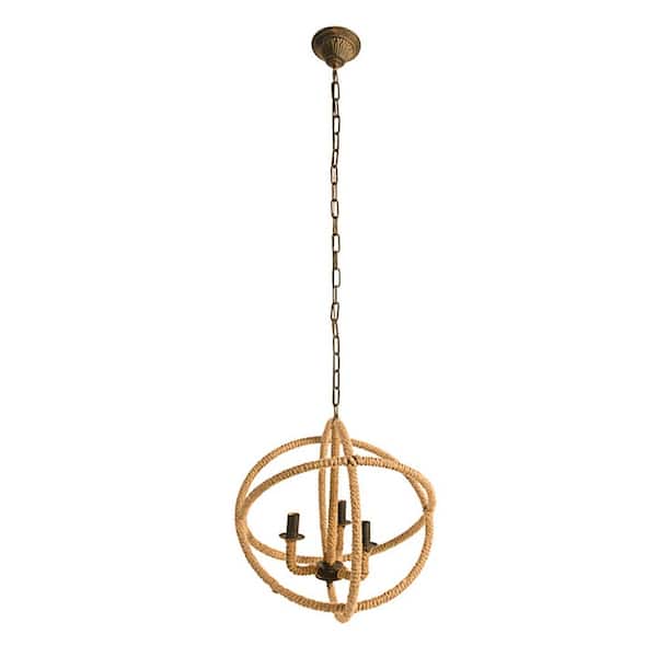 cenadinz 60-Watt 3-Light Beige Brown Farmhouse Chandelier Rope Chandelier Globe Light Fixture for Dining Living Room No Blub E12