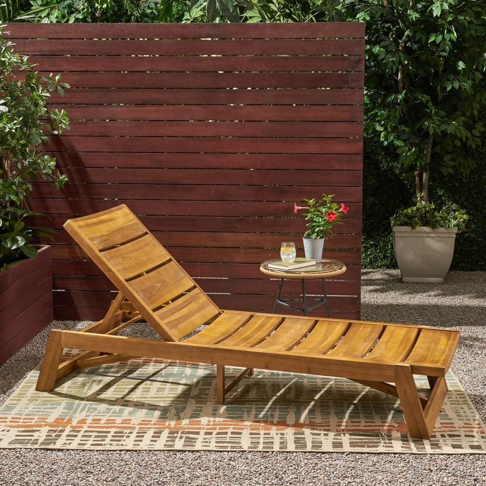 Teak and Yellow Acacia Wood Adjustable Outdoor Chaise Lounge