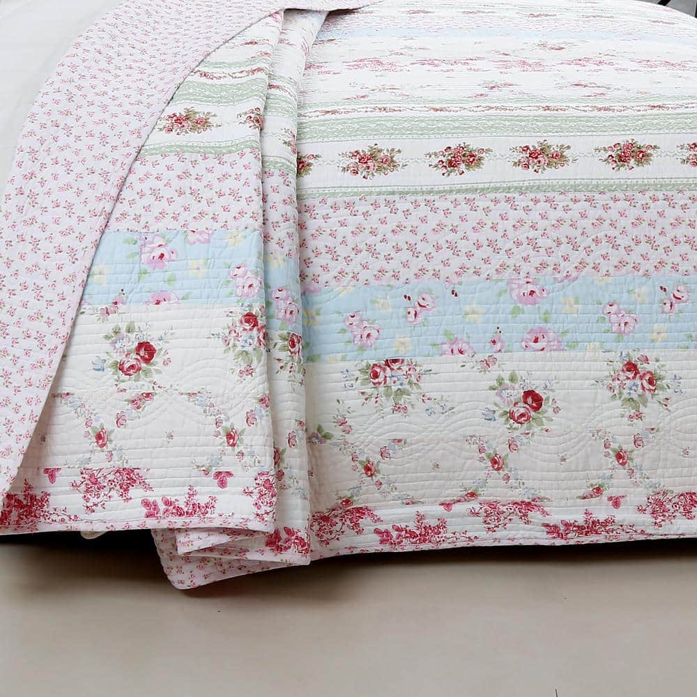 Twin Pink Floral Cotton Reversible Quilt Set