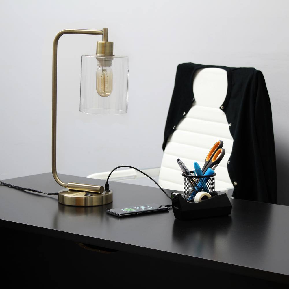 Antique Brass Curved Arm Desk Lamp with Clear Glass Shade