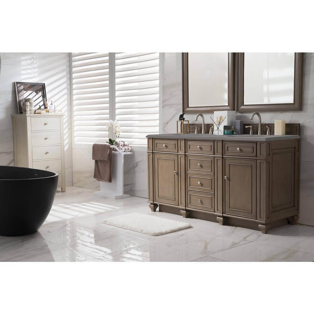 Whitewashed Walnut Double Vanity with Porcelain Sinks