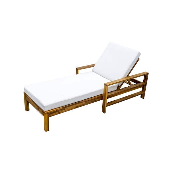 Unbranded Wood Outdoor Lounge Chair with Beige Cushion and Adjustable Backrest