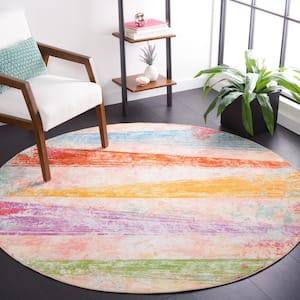 Paint Brush Pink/Blue 7 ft. x 7 ft. Machine Washable Striped Gradient Round Area Rug