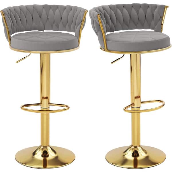 VECELO Bar Stools 25.59 in. Adjustable Light Gray Low Back Metal Bar stools Counter Stool with Faux Leather Seat Set of 2