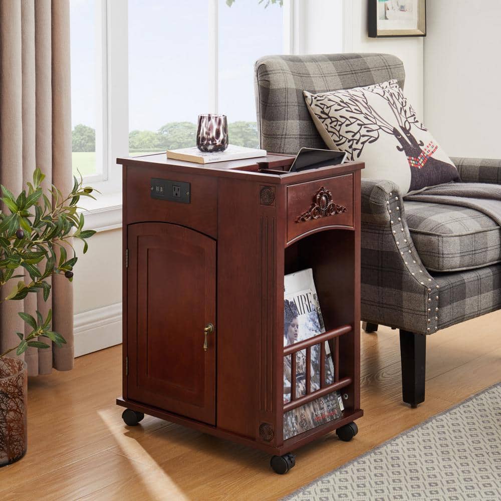 20 in. W Walnut Rectangle Wood End Table w/ USB Ports and Outlets Storage S