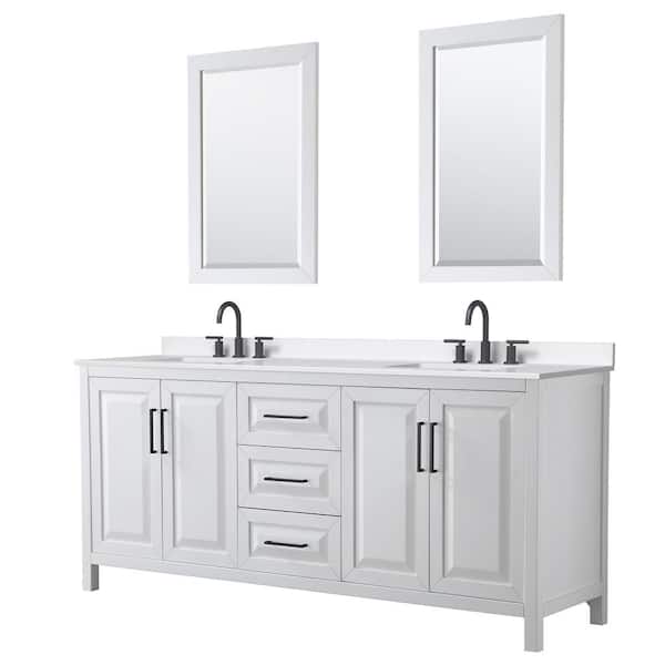 Wyndham Collection Daria 80 in. W x 22 in. D x 35.75 in. H Double Bath Vanity in White with White Quartz Top and 24 in. Mirrors