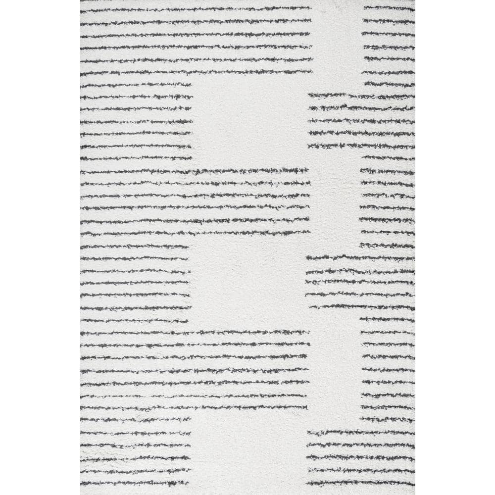 8' x 10' White and Black Stripe Shag Area Rug