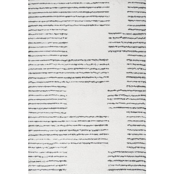 Petra Abstract Stripe Geometric Shag White/Black 8 ft. x 10 ft. Area Rug