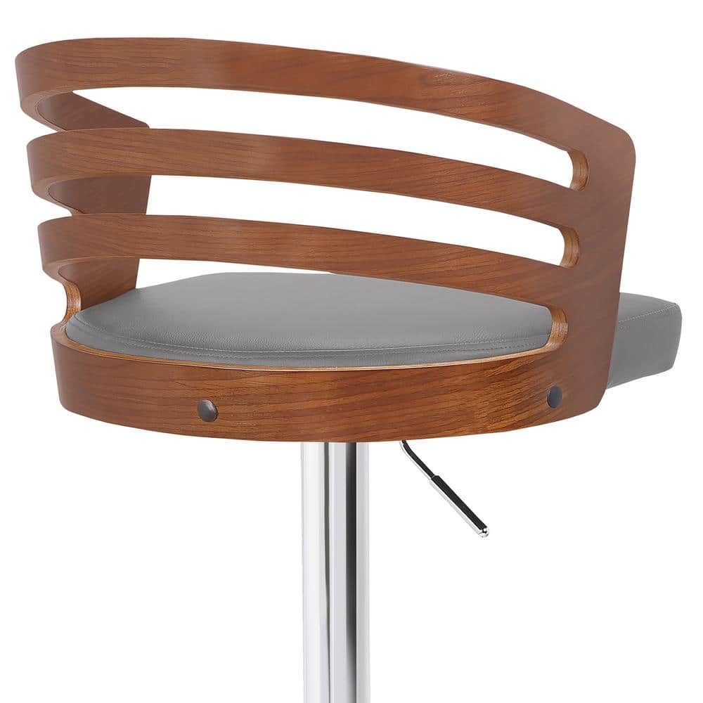 Contemporary Gray Faux Leather & Walnut Swivel Barstool