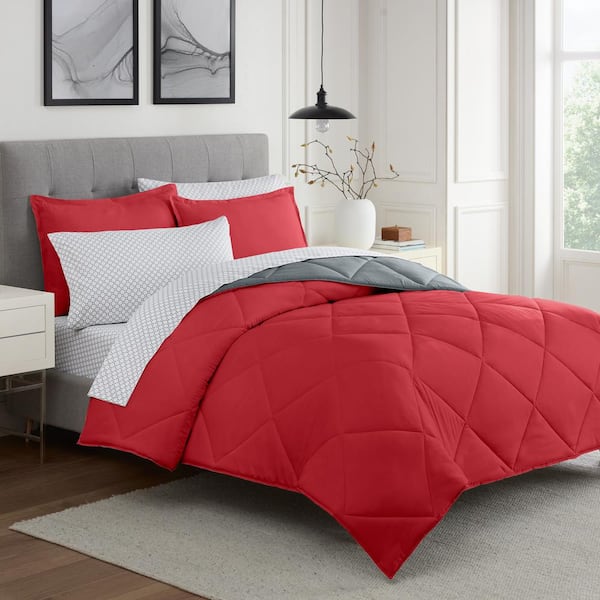Eclipse Sleep Solutions Jerry 7-Piece Red/Grey Solid Polyester Full Bed in a Bag