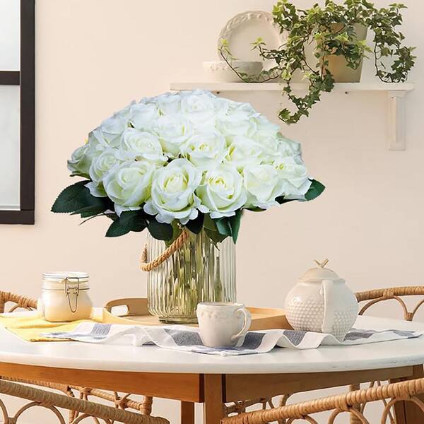 20 in. White Outdoor Artificial Rose Plastic Flower for Home