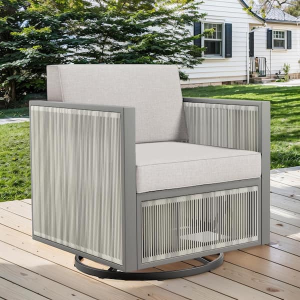 Opohoro SquareChic Metal and Light Beige Wicker Outdoor Rocking Chair Patio Swivel Chairs with Olefin Gray Cushions
