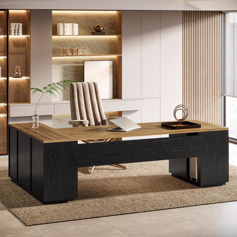 BYBLIGHT Capen 85.8 in. Brown and Black L-Shaped Executive Desk