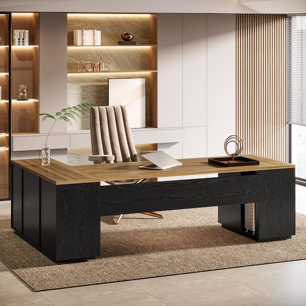 Capen 85.8 in. Brown and Black L-Shaped Executive Desk Extra Large Business Office Desk with Storage Drawers and Shelves