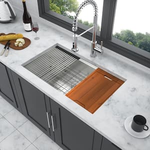 28 in. Undermount Single Bowl 16-Gauge Brushed Nickel Stainless Steel Kitchen Sink with Workstation