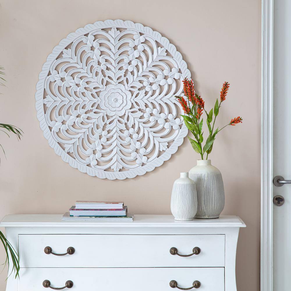 Lottie White Round Wood Bohemian Wall Medallion, 30-Inches