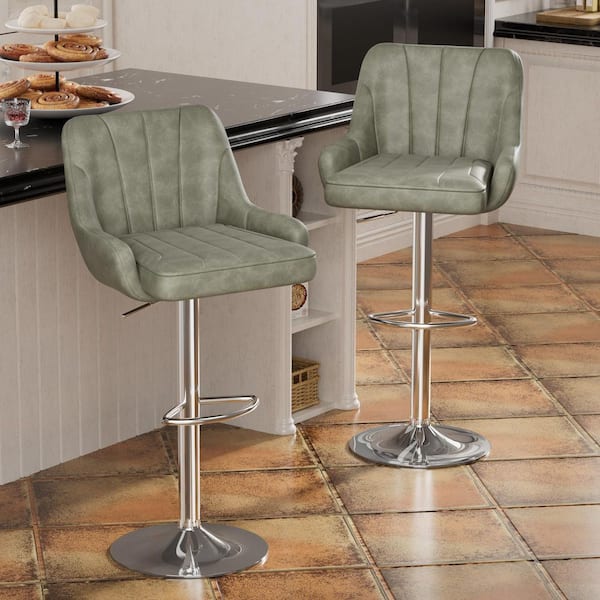 VECELO Swivel Adjustable Bar Stools with Back for Kitchen Counter Padded Counter Height Faux Leather Chairs, Gray, Set of 2