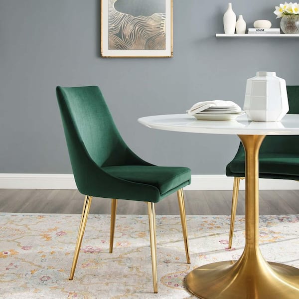 MODWAY Viscount Performance Velvet Dining Side Chair with Gold Stainless Steel Legs in Green