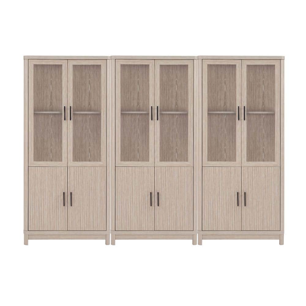 67.6" White Washed Oak Adjustable Bookcase Set with Glass Doors